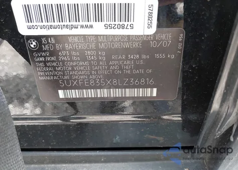 2008 BMW X5 4.8I z USA, uszkodzony, nr VIN 5UXFE835X8LZ36816